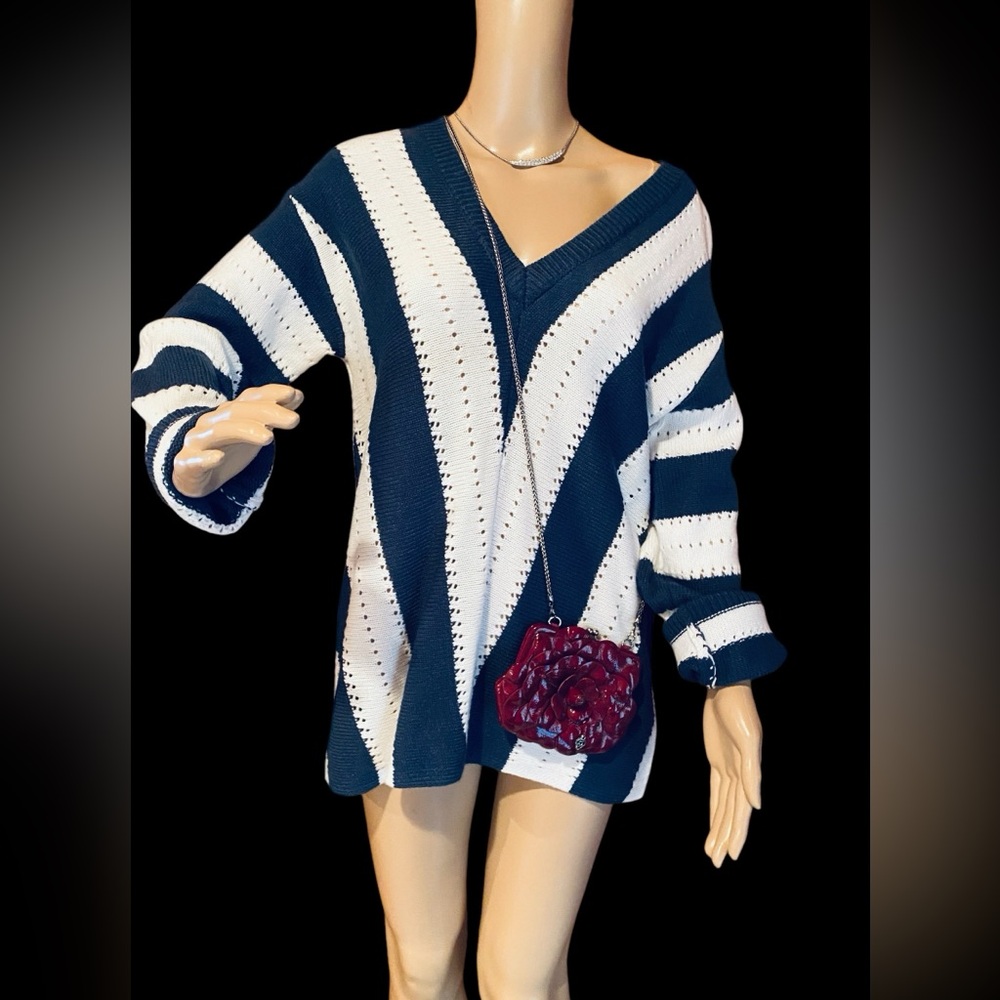 Navy & white vertical loose striped top